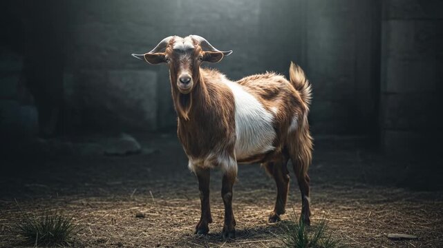 Majestic Goat Posing in a Dark, Moody Environment with Dramatic Lighting.
