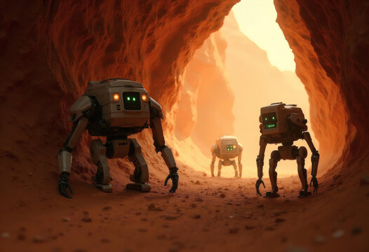 Two spider-like walker robots traverse the rocky interior of a dramatic canyon cave, evoking sci-fi exploration missions in hostile terrestrial or extraterrestrial terrain.