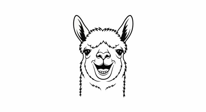 A black and white line drawing of a cheerful llama's face