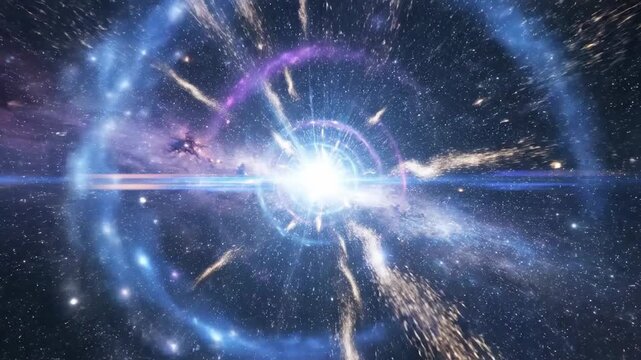 A powerful supernova explosion radiating intense light and energy across a deep space galaxy background.