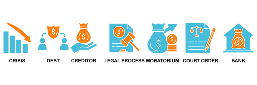 Bankruptcy icon set Aqua Orange Flat concept for crisis, debt, creditor, legal process, moratorium, court order, and bank