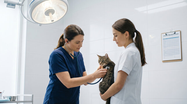 Veterinarian in examination room pressing stethoscope to chest of anxious tabby cat gripped securely by female assistant, annual wellness ch 3