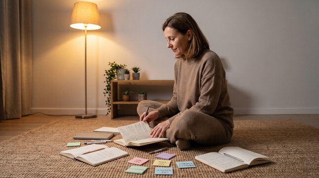 Fortysomething woman seated cross-legged on apartment floor surrounded by scattered journaling notebooks, uncapped pens, and sticky notes ma 3