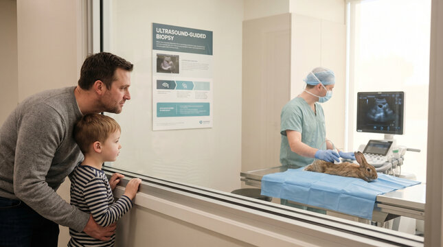 Father and young son watching through glass window as veterinary surgeon performs ultrasound-guided biopsy on their rabbit, sterile draping 3