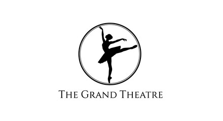 A black and white logo for The Grand Theatre, featuring a graceful ballerina silhouette within a circular frame. © REZA