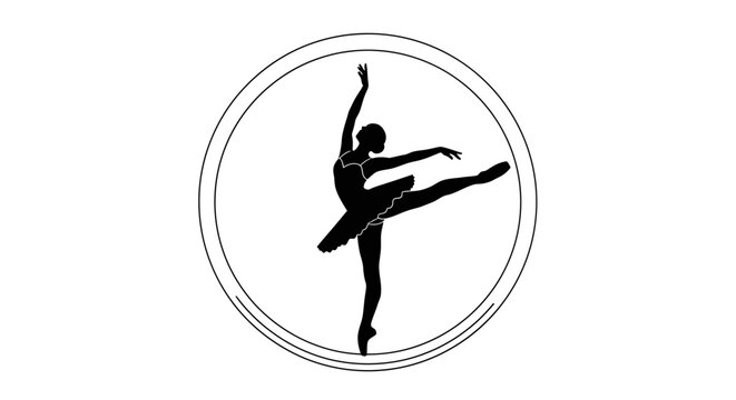 Elegant black silhouette of a ballerina performing an arabesque dance pose within a simple circular frame on a white background.