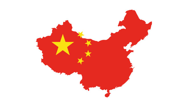 Map of China filled with the national flag, featuring a large yellow star and four smaller stars on a red background, symbolizing the People's Republic of China.