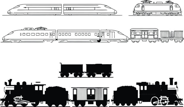 Detailed vector illustrations of modern high speed trains and vintage steam locomotives for railway transportation design
