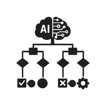 Artificial intelligence brain with decision tree diagram flat vector icon on transparent background