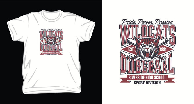 Wildcats sport division badge with baseball bats and angry feline head illustration for t-shirt design.