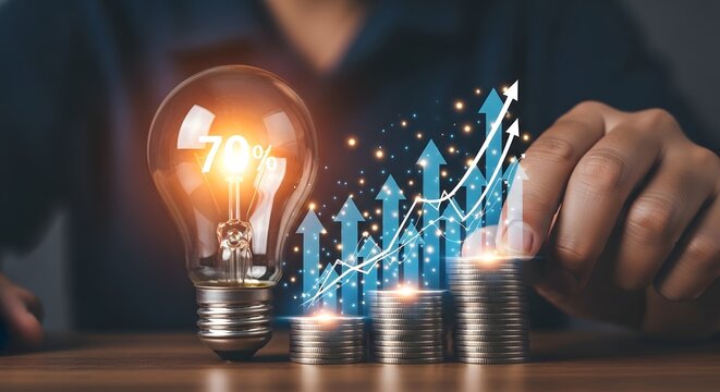 Business growth and financial success concept with rising arrows and glowing light bulb, investment and profit strategy