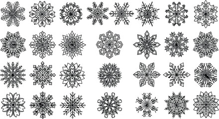 Large set of unique snowflake icons and winter crystal shapes for seasonal holiday decorations and weather graphics © Fahim Abrar