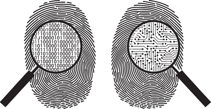 Two fingerprints with magnifying glass showing binary code and circuit board pattern on checkered background.