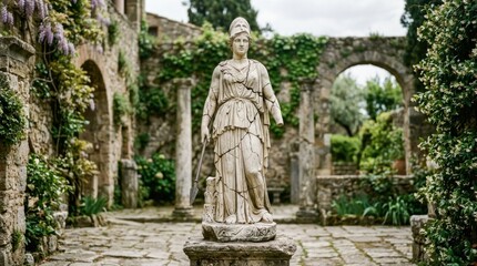 Fototapeta premium Ancient greek goddess statue standing in ruins garden