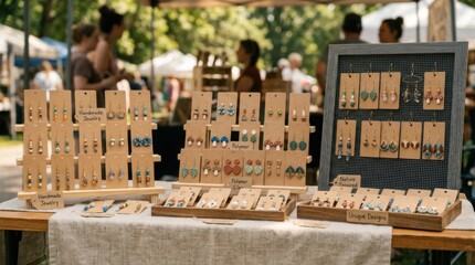 Naklejka premium Handmade jewelry stall displaying unique polymer clay earrings at an outdoor market