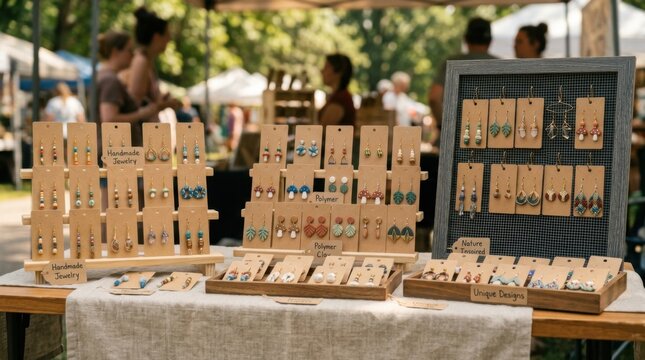 Handmade jewelry stall displaying unique polymer clay earrings at an outdoor market