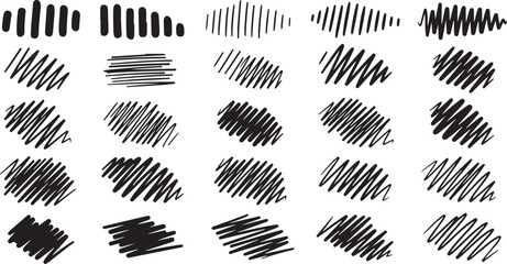 Naklejka premium Set of 25 hand drawn doodle line scribbles and hatched shapes on transparent background, sketch line art for design elements.