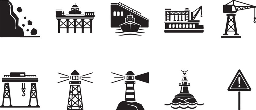 Set of black flat icons representing various port infrastructure, lighthouses, and warning signs on transparent background.