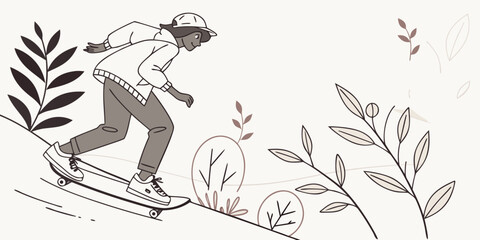 Young person riding a skateboard downhill in a botanical setting with skateboarding skateboard recreation movement landscape botanical lifestyle youthful illustration minimalist streetwear © Mamun