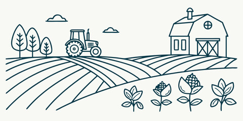 Rural farm landscape with barn tractor trees and corn crops line art illustration farming equipment agriculture industry farm life agricultural machinery landscape agriculture countryside © Mamun