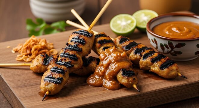 Delicious chicken satay skewers with a rich peanut sauce and lime wedges on a wooden board, perfect for a culinary delight