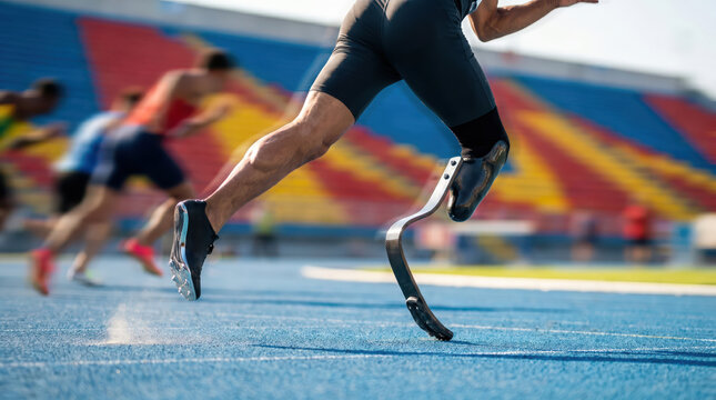 Male athlete with prosthetic running blade sprinting on track.