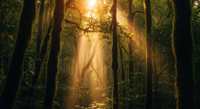 Golden sunbeams pierce through the high canopy of a dense ancient forest, illuminating the mossy floor and creating a magical atmospheric scene full of warmth and light.