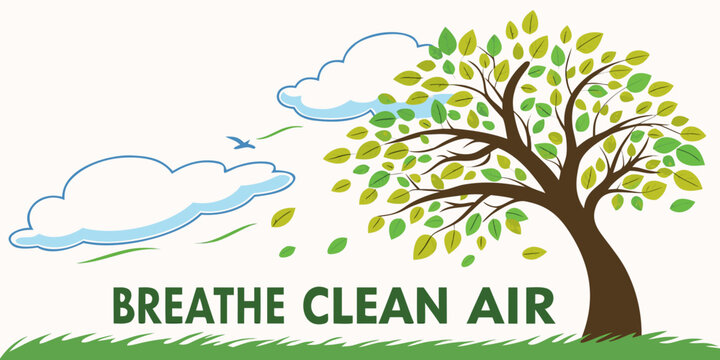 Clean air awareness graphic featuring a tree and clouds environment sustainability conservation atmosphere pollution protection environmental landscape outdoors breathable oxygenation