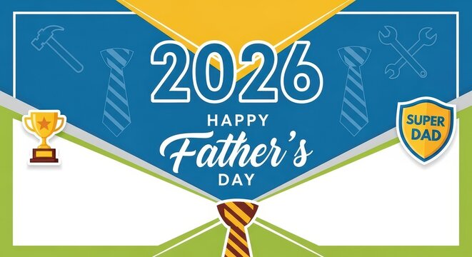 Happy fathers day 2026 banner featuring tools trophy and necktie graphics.