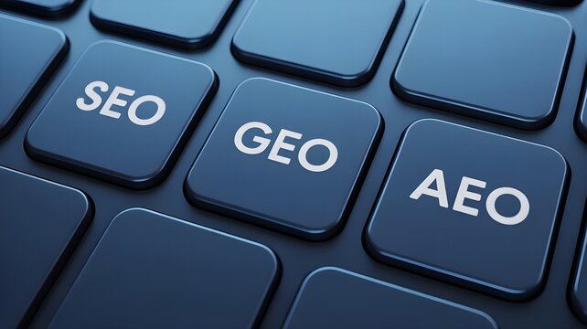 Close up of keyboard keys with seo geo aeo acronyms for search engine optimization geographic optimization and artificial entity optimization
