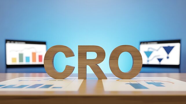Conversion Rate Optimization, CRO success strategy, marketing funnel, business performance improvement, customer journey metrics visualization, letters CRO on wooden, Copy space blue background 
