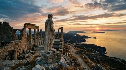 Naklejka premium Ancient greek ruins with statue overlooking aegean sea sunset