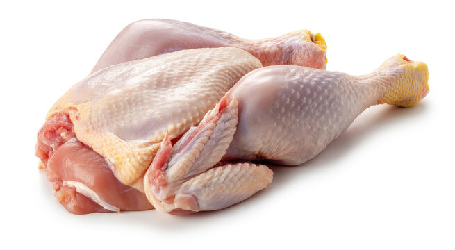 Raw whole chicken carcass with skin and legs isolated on a plain white background, for recipes