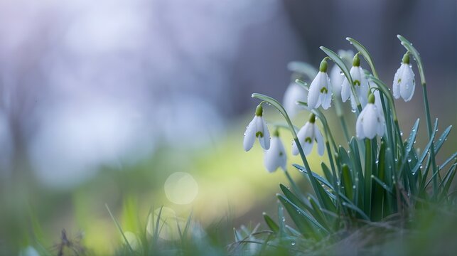 Snowdrop Flowers with Dew Drops in Soft Morning Light and Blurred Background, snowdrop, snowdrop flower, white flower, spring flower, early spring, dew drops, macro, close up, fresh, morning light