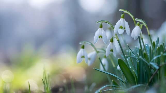 Snowdrop Flowers with Dew Drops in Soft Morning Light and Blurred Background, snowdrop, snowdrop flower, white flower, spring flower, early spring, dew drops, macro, close up, fresh, morning light