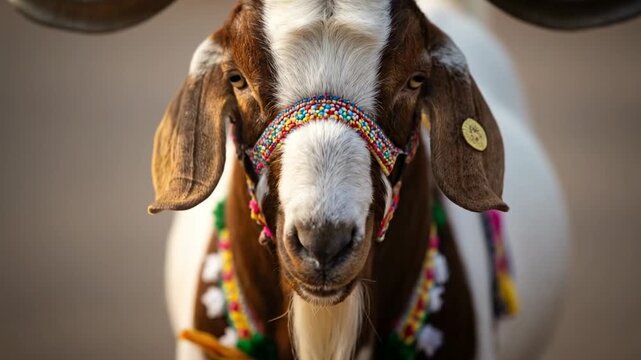 Decorated Goat with Large Horns and Colorful Adornments in Sunlight.