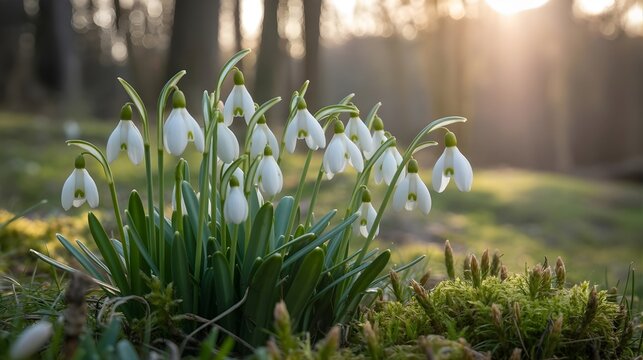 Snowdrop Flowers with Dew Drops in Soft Morning Light and Blurred Background, snowdrop, snowdrop flower, white flower, spring flower, early spring, dew drops, macro, close up, fresh, morning light