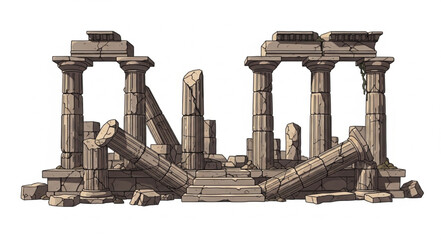 Ancient Greek temple ruins with broken columns and stone debris. © Pae