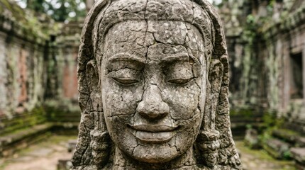 Obraz premium Ancient stone face meditating at angkor wat cambodia temple