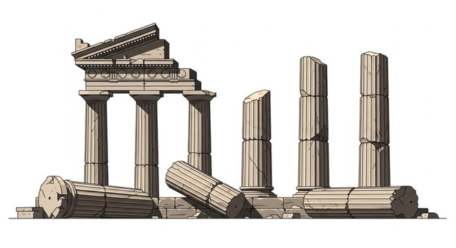 Ancient Greek Temple Ruins with Columns and Pediment.