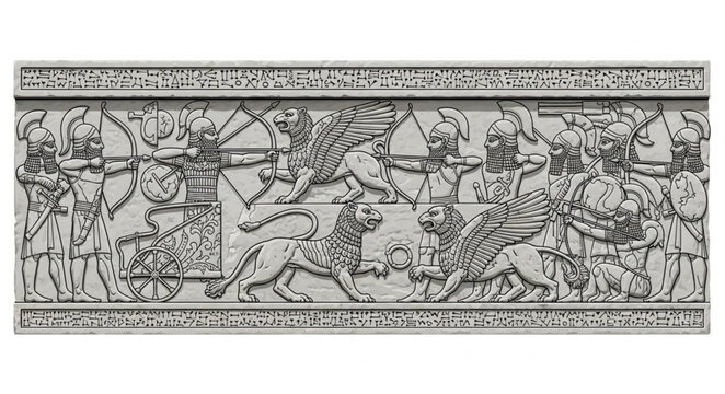Ancient Persian Relief Depicting Royal Lion Hunt Scene.