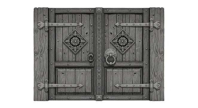 Antique wooden double doors with ornate metal details.