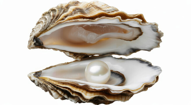 Single lustrous white pearl resting inside an open oyster shell, isolated on white background