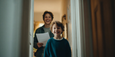 Obraz premium Happy children holding paper indoors