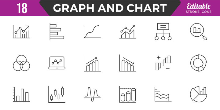 Growing bar graph icon set. Business graphs and charts icons. Contains such icons as finance report, Data, income growth, economy,
statistics, infographic, down or up arrow, and more. Editable Stroke.