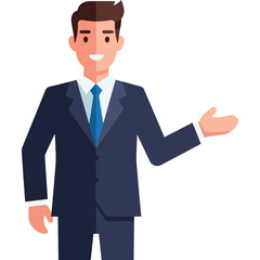 Obraz premium A smiling cartoon man in a business suit presents with his hand.