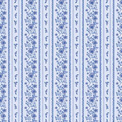 blue preppy Floral whimsy cottagecore striped seamless pattern. flower vines background, fabric © Iryna