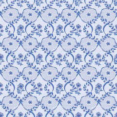Obraz premium blue preppy Floral whimsy cottagecore damask dots seamless pattern. flower vines background, fabric