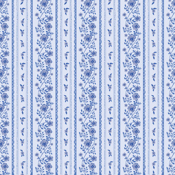 blue preppy Floral whimsy cottagecore striped seamless pattern. flower vines background, fabric