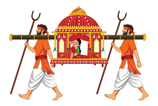 Indian Wedding Bride Palki Illustration - Traditional Doli Ceremony Vector with Bearers
